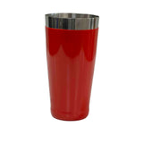 A tall, cylindrical bar shaker tin with a shiny stainless steel rim and a glossy red body. This 28 oz shaker features a sleek metal top contrasting with the vibrant lower section, standing upright against a plain white background.