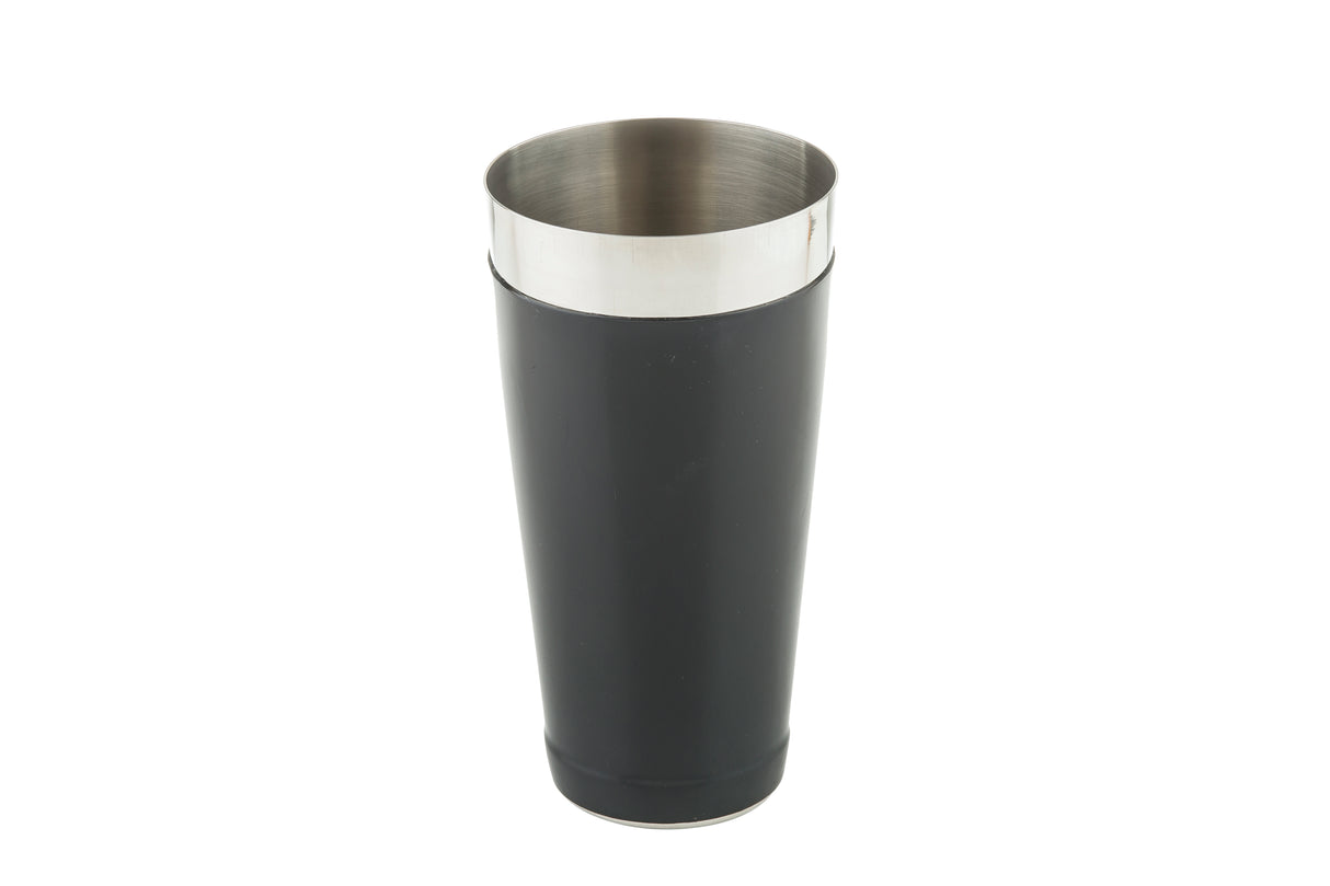 A sleek black and silver cup made from durable stainless steel, perfect for use as a 28 oz bar shaker.