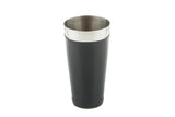 A sleek black and silver cup made from durable stainless steel, perfect for use as a 28 oz bar shaker.