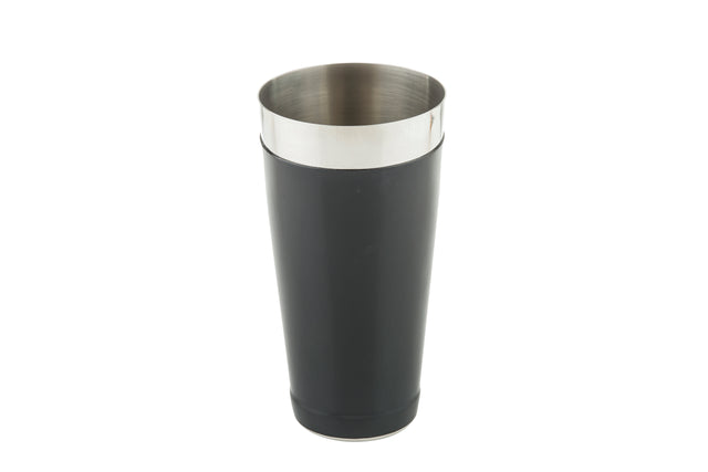 A sleek black and silver cup made from durable stainless steel, perfect for use as a 28 oz bar shaker.