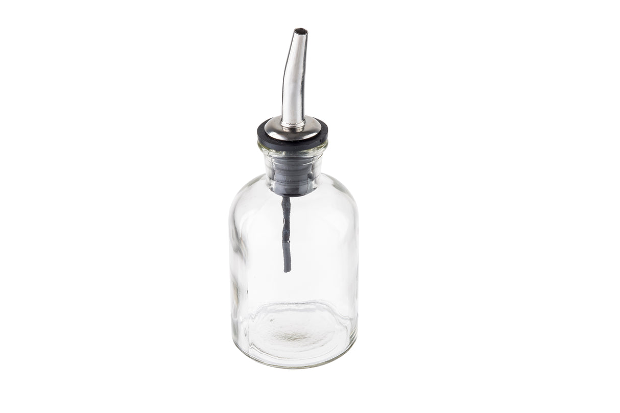 A clear glass bottle with a stainless steel pourer and black rubber stopper, perfect as an oil & vinegar bottle. Shown empty against a white background and viewed from a high angle.