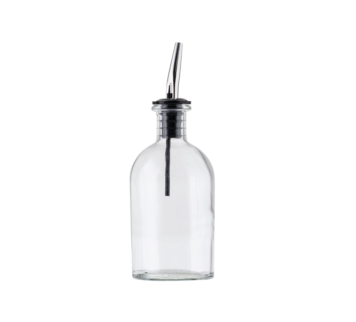 A clear glass bottle with a stainless steel pourer and black rubber stopper, typically used as an oil & vinegar bottle, is shown upright against a plain white background. The empty bottle is cylindrical in shape.