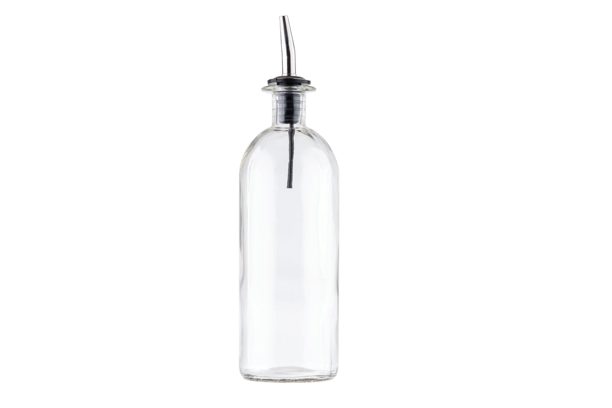 A clear 18 oz. Oil & Vinegar Bottle with a stainless steel pourer and stopper sits upright against a white background. The tall, cylindrical bottle is empty, and the metal spout extends slightly upward for easy dispensing.