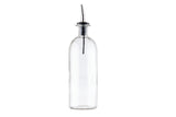A clear 18 oz. Oil & Vinegar Bottle with a stainless steel pourer and stopper sits upright against a white background. The tall, cylindrical bottle is empty, and the metal spout extends slightly upward for easy dispensing.
