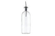 A clear 18 oz. Oil & Vinegar Bottle with a stainless steel pourer and stopper sits upright against a white background. The tall, cylindrical bottle is empty, and the metal spout extends slightly upward for easy dispensing.