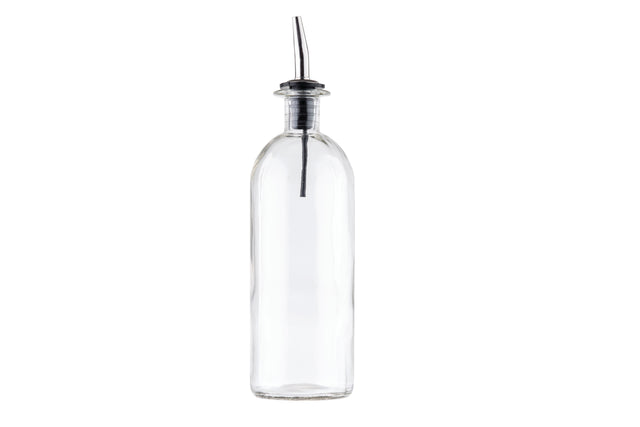 A clear 18 oz. Oil & Vinegar Bottle with a stainless steel pourer and stopper sits upright against a white background. The tall, cylindrical bottle is empty, and the metal spout extends slightly upward for easy dispensing.