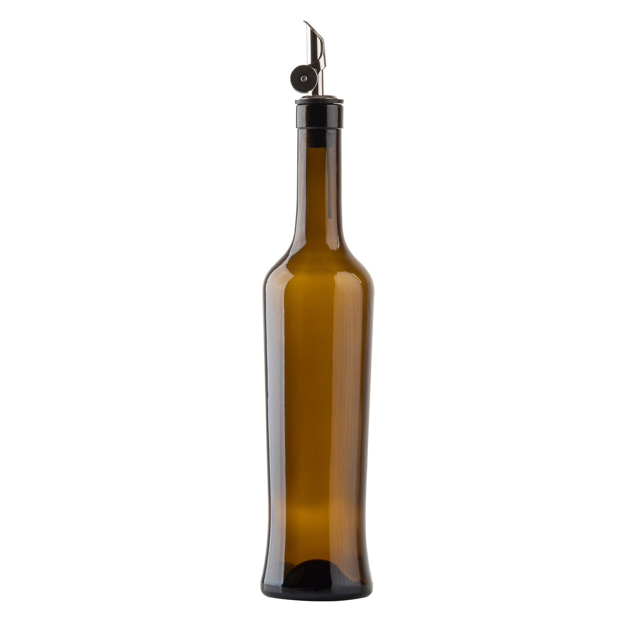 A tall, slender oil & vinegar bottle made of dark green glass with a stainless steel pourer and cap stands upright against a plain white background.