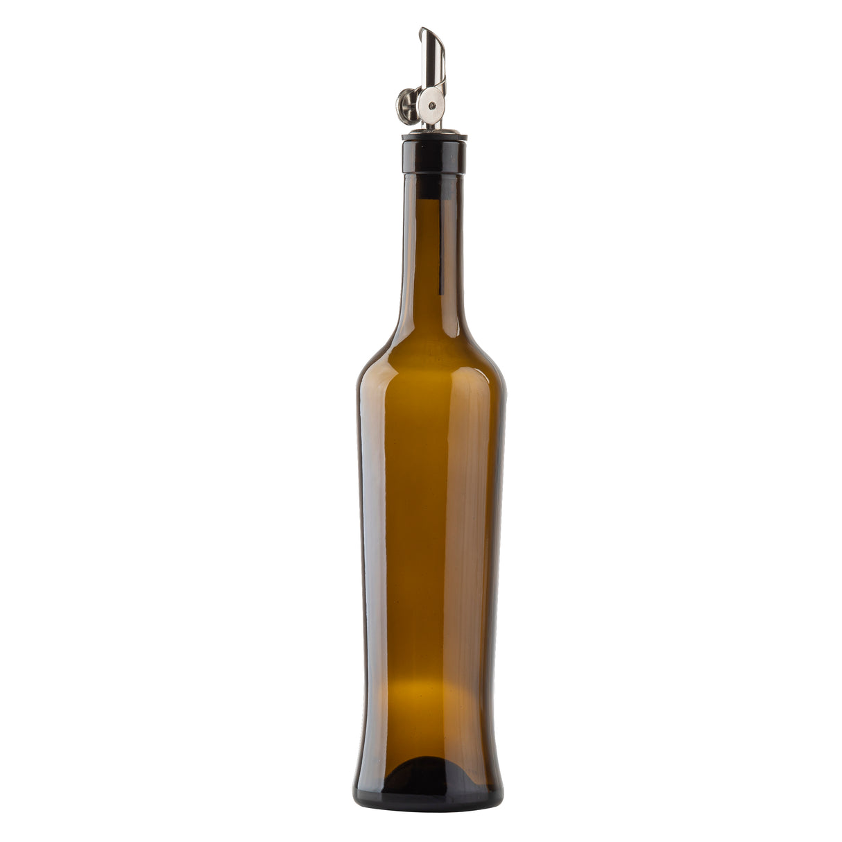 A tall, slender oil & vinegar bottle made of dark green glass with a narrow neck and a stainless steel pourer on top. Set against a plain white background, the bottle appears empty and is ideal for dispensing olive oil or vinegar.