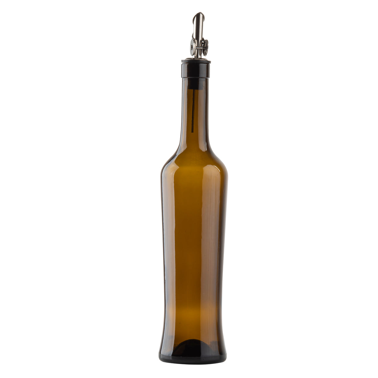A tall, slender oil & vinegar bottle with a swing-top metal clasp and black cap, standing upright against a white background. The bottle’s sides are slightly curved, and it appears empty.