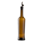 A tall, slender oil & vinegar bottle made of dark green glass with a stainless steel pourer stands upright against a plain white background.
