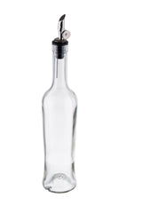 A tall, clear glass Oil & Vinegar Bottle with a sleek stainless steel pourer sits empty against a white background, perfect for dispensing your favorite liquids.