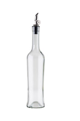 A clear glass Oil & Vinegar Bottle with simple, smooth curves features a stainless steel pourer and a white rubber cap. The empty bottle stands upright on a white background, free of any labels or markings.