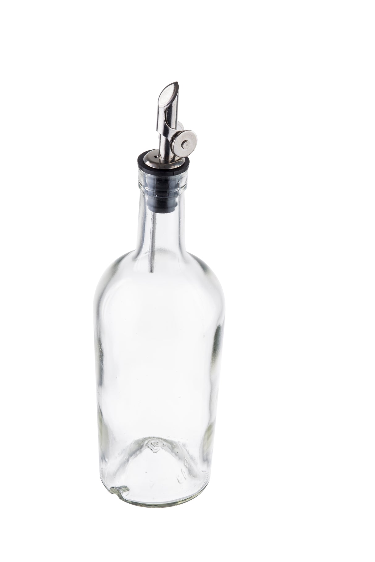 A clear glass bottle with a stainless steel pourer and black rubber stopper stands upright on a white background. This Oil & Vinegar Bottle is empty, with the pour spout angled forward for precise liquid dispensing.