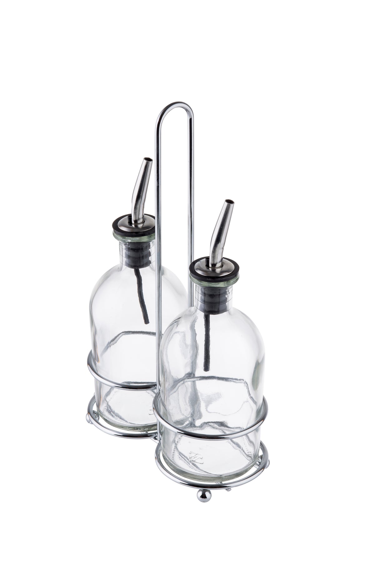 Two empty clear glass Oil & Vinegar Bottles with stainless steel pourers sit side by side in a chrome plated rack with a handle, neatly secured by metal rings at the base and around the middle.
