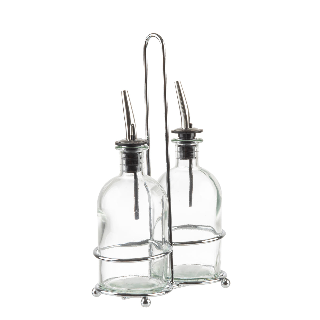 Two clear Oil & Vinegar Bottles with stainless steel pourers sit side by side in a chrome plated rack with a handle. The bottles are held in place by metal rings attached to the holder’s base and midsection, set against a plain white background.