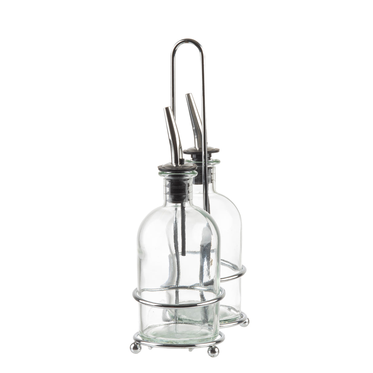 Two clear Oil & Vinegar Bottles with stainless steel pourers rest in a chrome plated rack with a handle and round feet. The bottles are empty, showcasing a minimalistic setup against a white background.