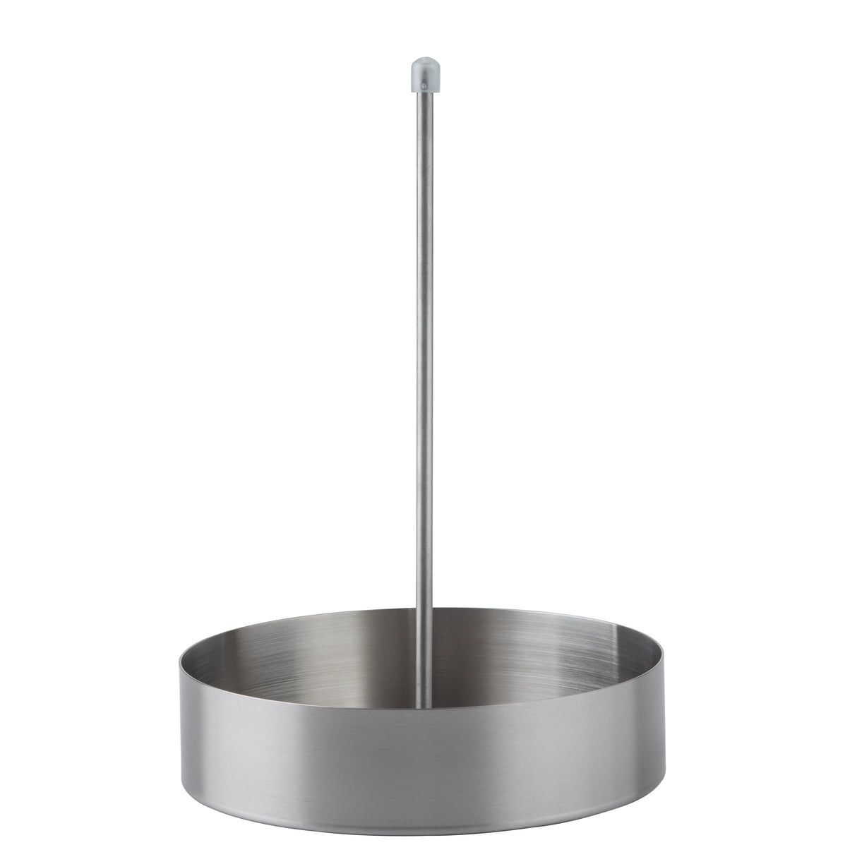 A stainless steel slider holder featuring a round, flat-bottomed base and a tall central pole with a small gray cap. The minimalist design is ideal for presenting sliders, onion rings, napkins, or paper towels in style.
