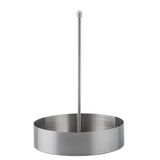 A stainless steel slider holder featuring a round, flat-bottomed base and a tall central pole with a small gray cap. The minimalist design is ideal for presenting sliders, onion rings, napkins, or paper towels in style.