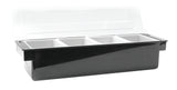 A black plastic bar condiment holder by TableCraft Products features four white compartments and a hinged, transparent lid. The compartments are arranged in a row for organized storage and are dishwasher safe for easy cleanup.
