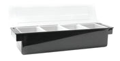 A black plastic bar condiment holder by TableCraft Products features four white compartments and a hinged, transparent lid. The compartments are arranged in a row for organized storage and are dishwasher safe for easy cleanup.