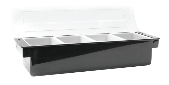 A black plastic bar condiment holder by TableCraft Products features four white compartments and a hinged, transparent lid. The compartments are arranged in a row for organized storage and are dishwasher safe for easy cleanup.