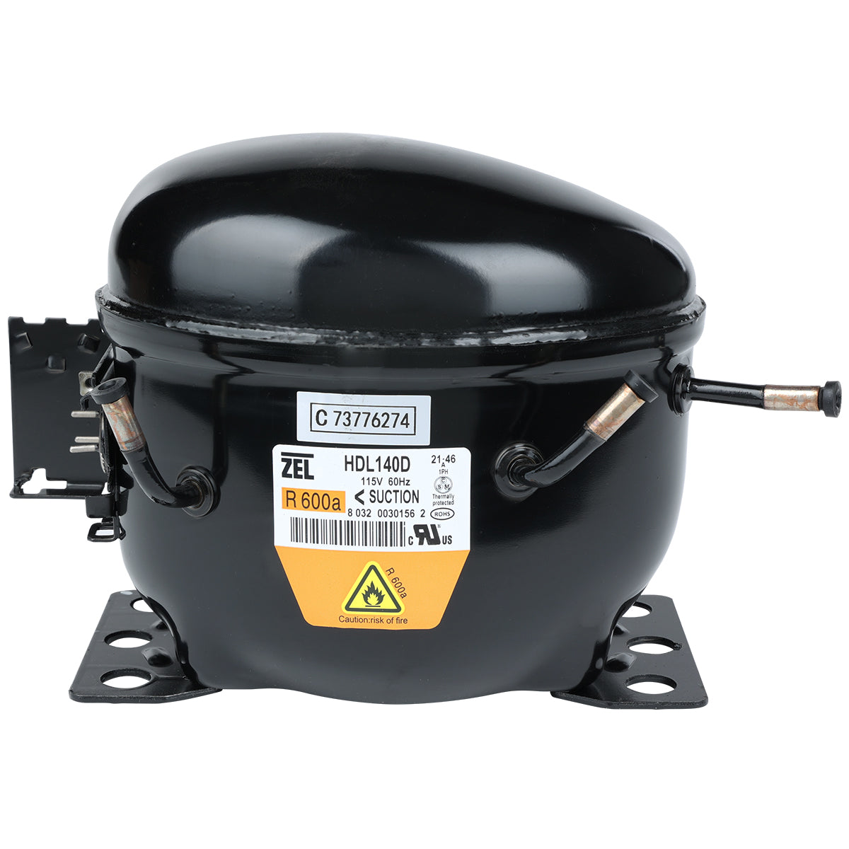 A black ZEL compressor unit for Empura Refrigeration with a rounded top, metal mounting base, and two copper pipe connections. Labels indicate model HDL140D, refrigerant R600A, calibration OK, and barcode C 73776274.