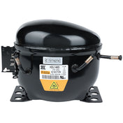 A black ZEL compressor unit for Empura Refrigeration with a rounded top, metal mounting base, and two copper pipe connections. Labels indicate model HDL140D, refrigerant R600A, calibration OK, and barcode C 73776274.