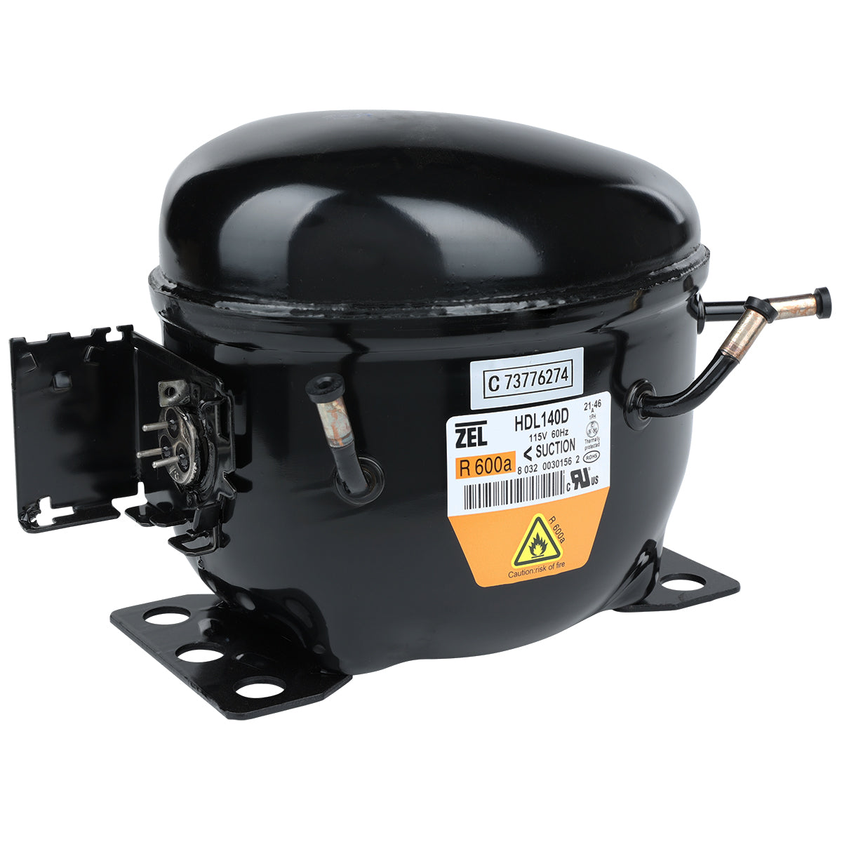 A black Empura Refrigeration compressor with a rounded top and four mounting feet is shown. It features a white label with technical details, a yellow flammable gas warning, and exposed copper pipes for connections. Electrical components are visible on one side.