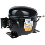 A black Empura Refrigeration compressor with a rounded top and four mounting feet is shown. It features a white label with technical details, a yellow flammable gas warning, and exposed copper pipes for connections. Electrical components are visible on one side.
