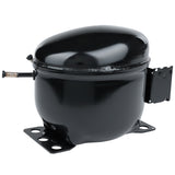 A shiny black Empura Refrigeration compressor rests on a flat base with mounting holes. It has an oval, rounded top, two short pipe outlets, and a small attached bracket. The surface reflects light, isolated on a white background.