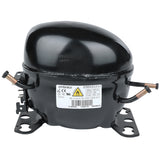 A black, dome-shaped refrigerator compressor with two mounting brackets at the base, labeled “Embraco.” Featuring copper pipes on each side and a warning label, it is a key component in Empura Refrigeration systems. The surface is glossy and industrial.