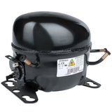 A black, cylindrical Embraco compressor with copper tubing, metal mounting base, and a white label displaying model and safety information. Designed for use in Empura Refrigeration appliances, it features electrical terminals on the left.