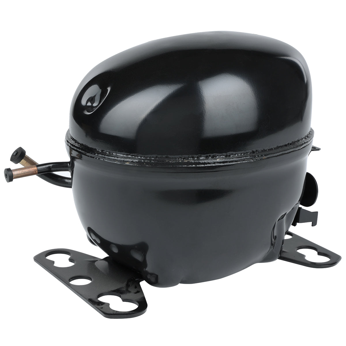 A shiny black Empura Refrigeration compressor with rounded edges, two metal mounting brackets, and copper tubes extending from one side sits against a white background. The surface is smooth with slight reflections, appearing new and unused.