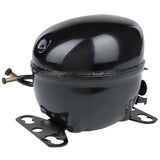 A shiny black Empura Refrigeration compressor with rounded edges, two metal mounting brackets, and copper tubes extending from one side sits against a white background. The surface is smooth with slight reflections, appearing new and unused.
