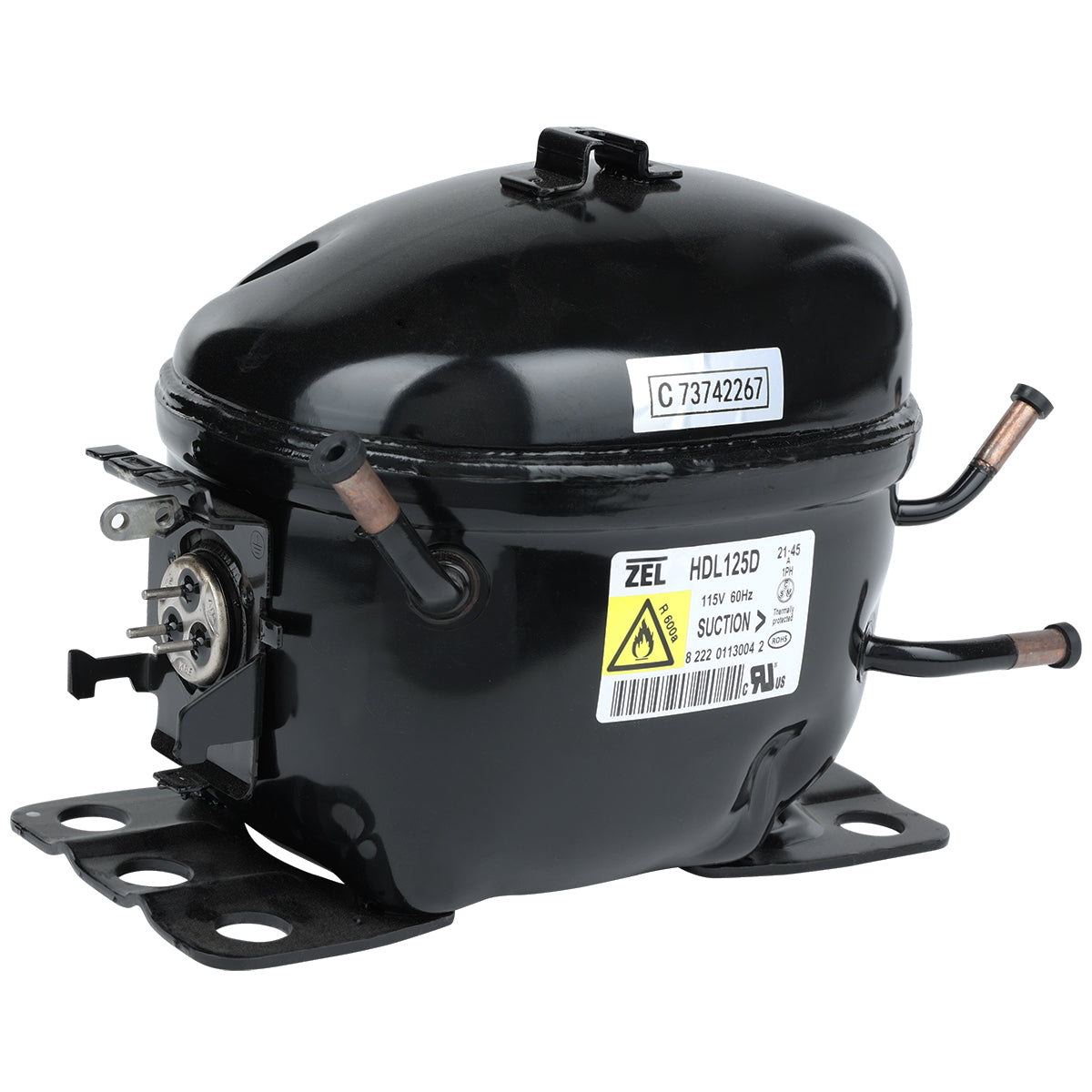 A black, oval-shaped Empura Compressor for Empura Refrigeration with metal pipes extending from both sides, mounting brackets at the base, and product labels including a warning symbol, serial number, and E-KUC27 sticker on its glossy surface.