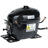 A black, oval-shaped Empura Compressor for Empura Refrigeration with metal pipes extending from both sides, mounting brackets at the base, and product labels including a warning symbol, serial number, and E-KUC27 sticker on its glossy surface.
