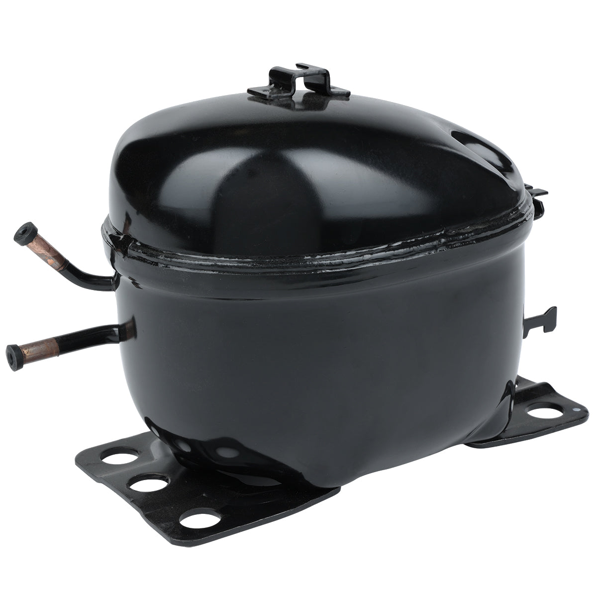 A black, oval-shaped Empura Compressor for E-KUC27 refrigeration with two protruding copper tubes and a flat metal mounting base with four bolt holes, shown against a white background. The glossy surface features minor highlights and reflections.