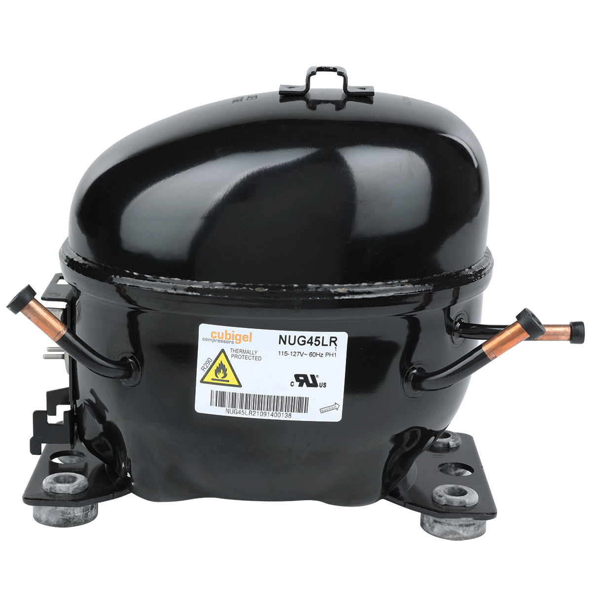 A black, oval-shaped compatible compressor with a shiny finish, mounted on a metal base. It has copper pipes protruding from both sides and a white label displaying the brand “Cubigel” and technical specifications on the front. Ideal for Empura refrigeration parts.