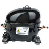 A black, oval-shaped compatible compressor with a shiny finish, mounted on a metal base. It has copper pipes protruding from both sides and a white label displaying the brand “Cubigel” and technical specifications on the front. Ideal for Empura refrigeration parts.