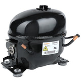 A black, oval-shaped Empura compressor with copper pipes on each side, a white label marked “Cubigel NUG45LR,” and a caution symbol. It sits on four metal mounting feet and features an electrical connector on one side.