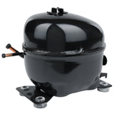 A black, oval-shaped Empura compressor with a glossy finish, mounted on a black metal base with four rubber feet. Two copper pipes extend from its side, and a black plastic electrical connector is visible on the opposite side.