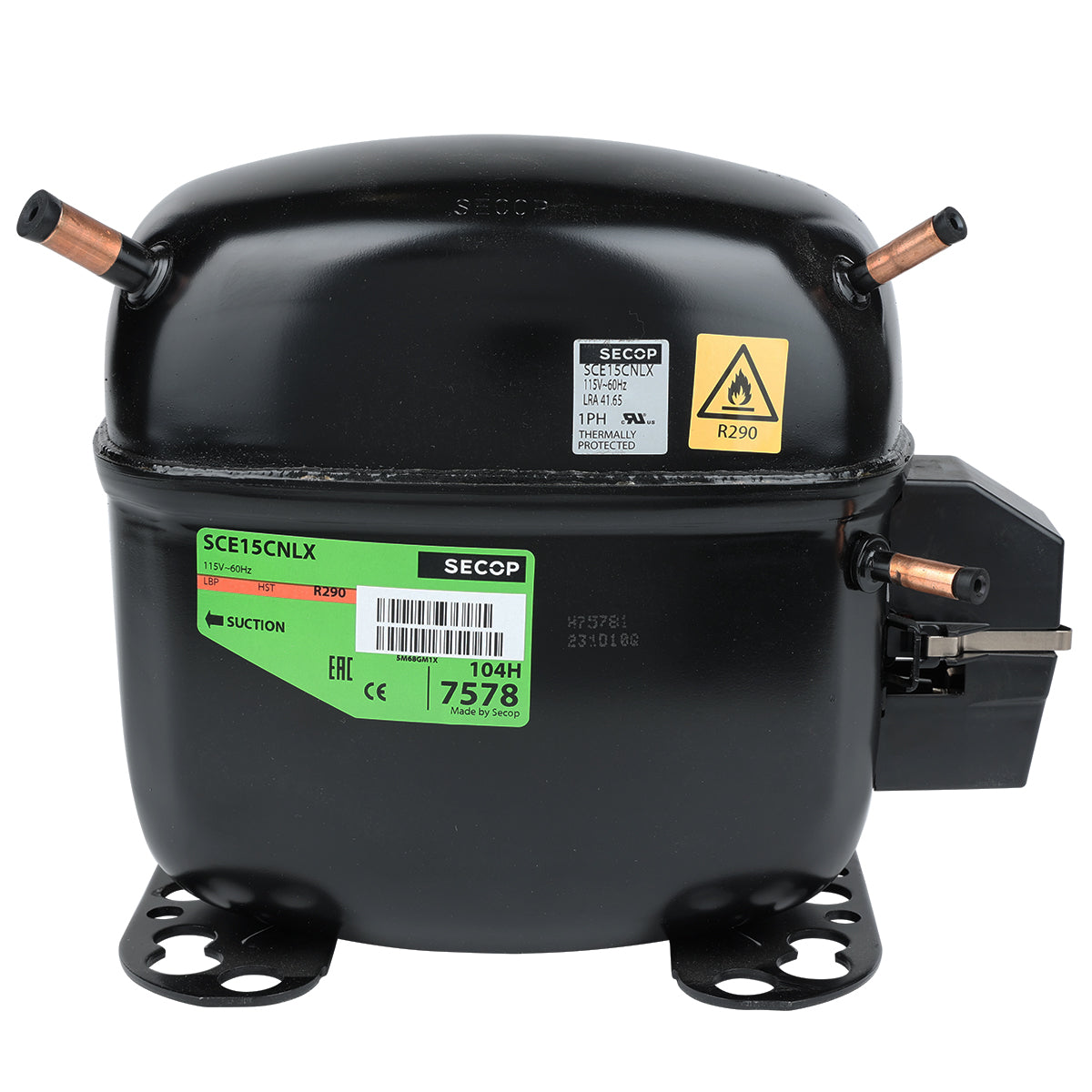 A black Secop refrigeration compressor, compatible with Empura Parts, features copper pipe fittings, a green label showing model SCE15CNLX, and safety warnings including an R290 flammable gas symbol. The cylindrical unit has mounting holes and an attached electrical component.