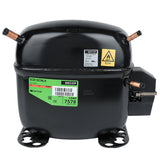 A black Secop refrigeration compressor, compatible with Empura Parts, features copper pipe fittings, a green label showing model SCE15CNLX, and safety warnings including an R290 flammable gas symbol. The cylindrical unit has mounting holes and an attached electrical component.