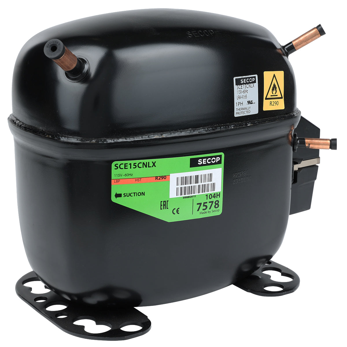 A black, oval-shaped Empura Refrigeration compressor with copper pipes, green and yellow labels, and mounting brackets on the base. The labels display model information, warnings, and barcodes. The unit is photographed on a white background.