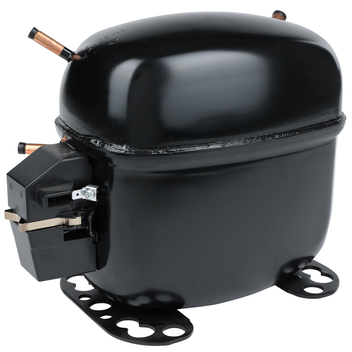 A black, oval-shaped Empura Refrigeration compressor with a smooth metal surface, copper pipes protruding from the top and side, a black electrical terminal on the left, and a flange with mounting holes at the bottom for secure attachment.