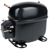 A black, oval-shaped Empura Refrigeration compressor with a smooth metal surface, copper pipes protruding from the top and side, a black electrical terminal on the left, and a flange with mounting holes at the bottom for secure attachment.