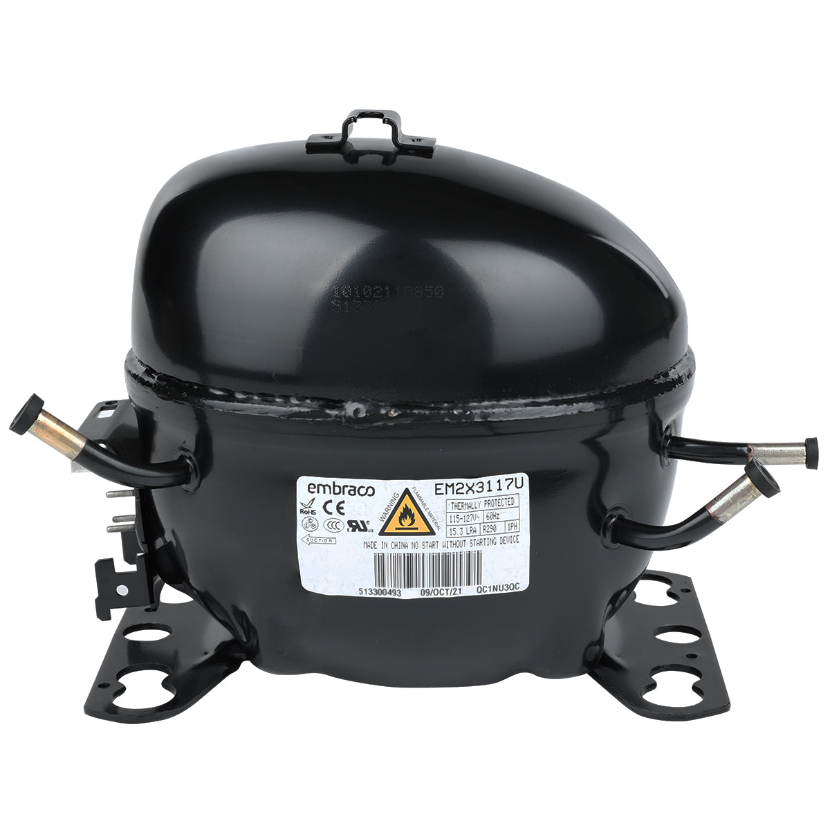 A black, oval-shaped Embraco compressor with multiple copper tube connections extends from its sides. It features a white label with warnings, brand details, and technical info. This Empura Compressor is compatible and sits on a sturdy black metal mounting base.