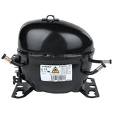 A black, oval-shaped Embraco compressor with multiple copper tube connections extends from its sides. It features a white label with warnings, brand details, and technical info. This Empura Compressor is compatible and sits on a sturdy black metal mounting base.