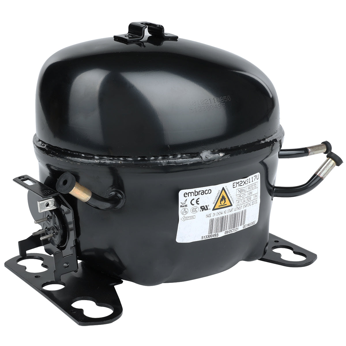 A black, cylindrical Empura Compressor sits on a metal mounting base. It has a label with model and technical information, two copper pipe connections on one side, and electrical terminals on the other. The glossy surface highlights its Empura Refrigeration compatibility.