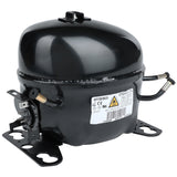 A black, cylindrical Empura Compressor sits on a metal mounting base. It has a label with model and technical information, two copper pipe connections on one side, and electrical terminals on the other. The glossy surface highlights its Empura Refrigeration compatibility.